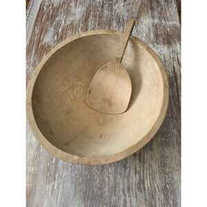 Vtg Munising Lg 13.5" 1911-1940 Hand Turned Wooden Dough Bowl With Paddle